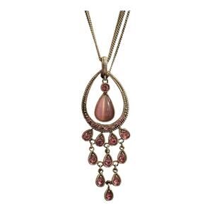 Pink Teardrop Chandelier Pendant Triple Strand Chain Gold Tone Necklace